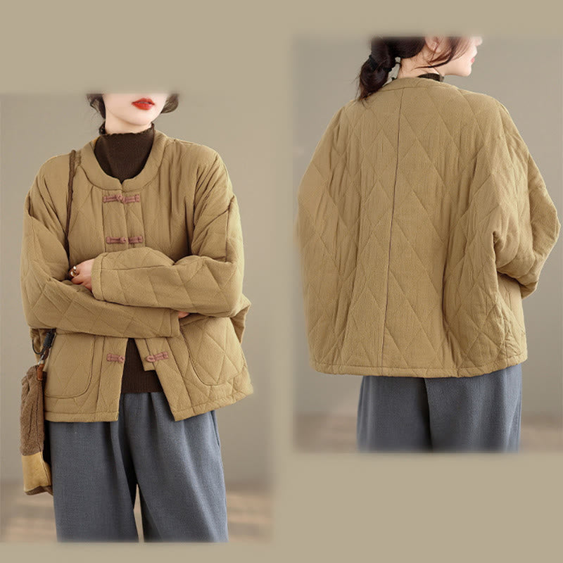 Giacca termica da donna in cotone a maniche lunghe con tasche, motivo a rombi e bottoni a rana invernali Buddha Stones - image 10