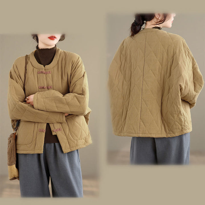 Giacca termica da donna in cotone a maniche lunghe con tasche, motivo a rombi e bottoni a rana invernali Buddha Stones - image 10