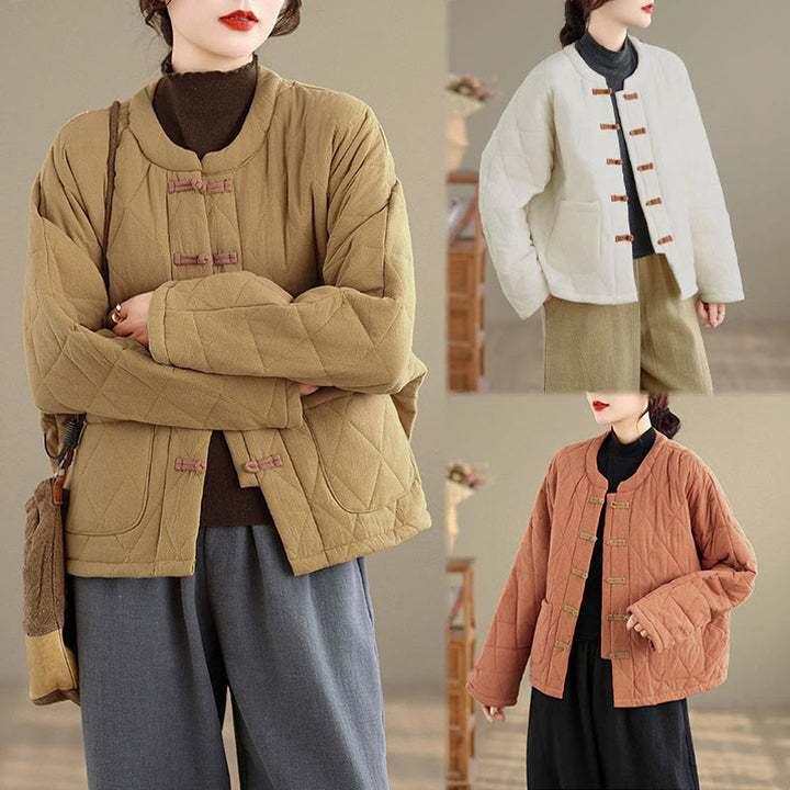 Giacca termica da donna in cotone a maniche lunghe con tasche, motivo a rombi e bottoni a rana invernali Buddha Stones - image 22