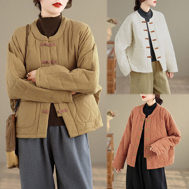 Giacca termica da donna in cotone a maniche lunghe con tasche, motivo a rombi e bottoni a rana invernali Buddha Stones - image 22