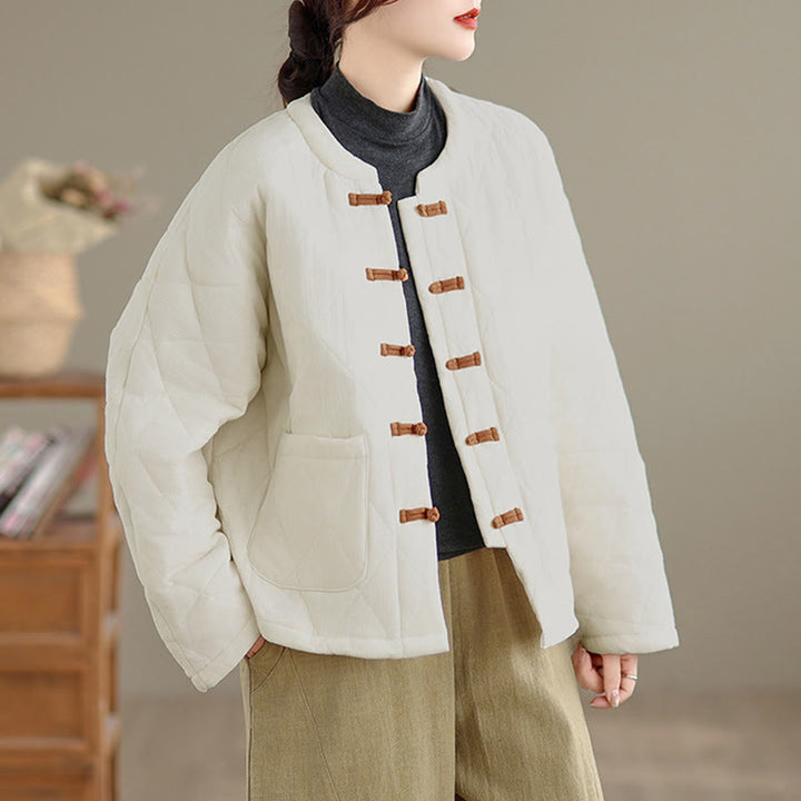 Giacca termica da donna in cotone a maniche lunghe con tasche, motivo a rombi e bottoni a rana invernali Buddha Stones - image 18