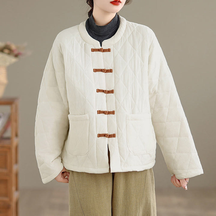 Giacca termica da donna in cotone a maniche lunghe con tasche, motivo a rombi e bottoni a rana invernali Buddha Stones - image 20