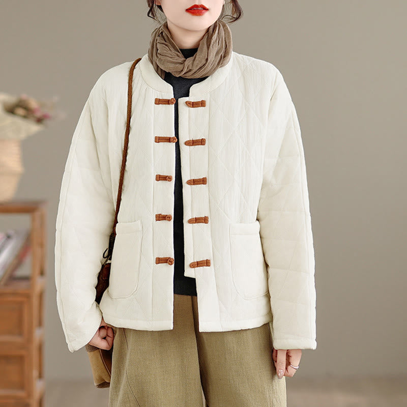 Giacca termica da donna in cotone a maniche lunghe con tasche, motivo a rombi e bottoni a rana invernali Buddha Stones - image 17