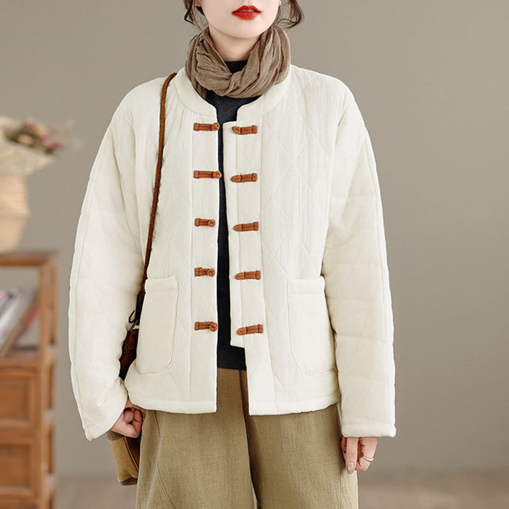 Giacca termica da donna in cotone a maniche lunghe con tasche, motivo a rombi e bottoni a rana invernali Buddha Stones - image 17