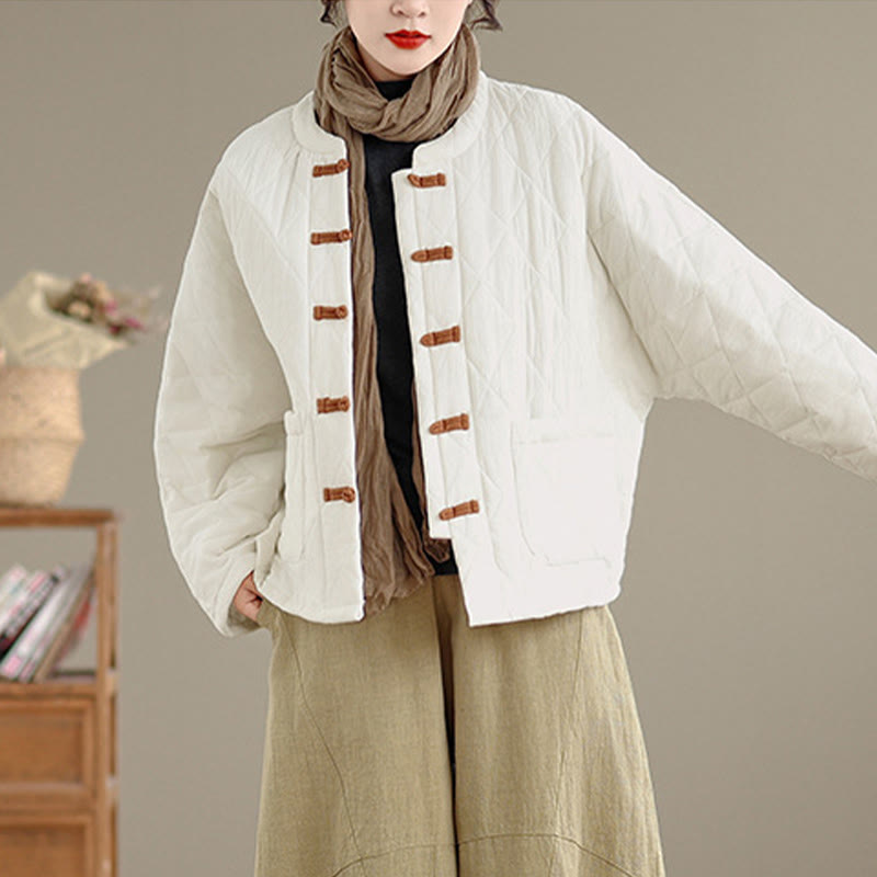 Giacca termica da donna in cotone a maniche lunghe con tasche, motivo a rombi e bottoni a rana invernali Buddha Stones - image 21