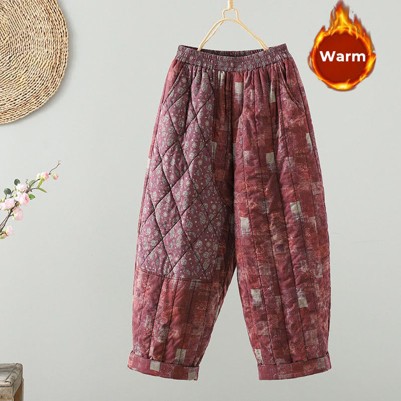 Pantaloni harem da donna in cotone con elastico in vita, patchwork a forma di diamante quadrato invernale Buddha Stones con tasche - RossoViolaPale - US8-10, UK/AU12-14, EU40-42 (2XL) - image 1