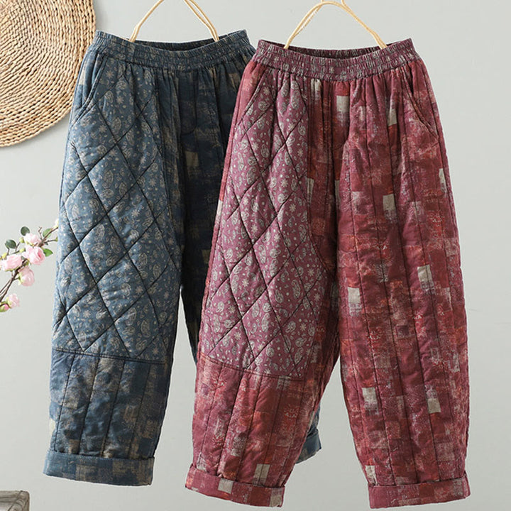 Pantaloni harem da donna in cotone con elastico in vita, patchwork a forma di diamante quadrato invernale Buddha Stones con tasche - image 0