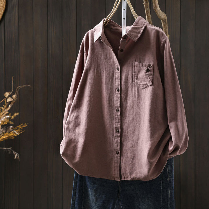 Camicia da donna in cotone a maniche lunghe con colletto rialzato, motivo Buddha Stones Fall Button Down Pocket Decor Design - RossoViolaPale - US6, UK/AU10, EU38 (L) - image 16