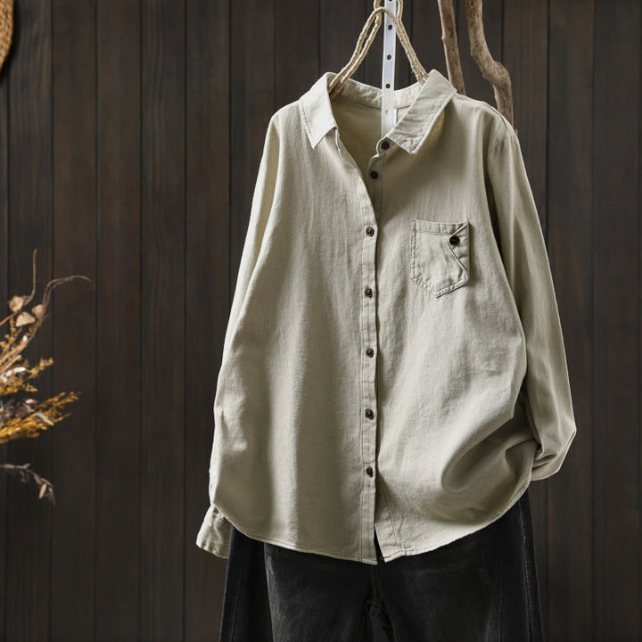 Camicia da donna in cotone a maniche lunghe con colletto rialzato, motivo Buddha Stones Fall Button Down Pocket Decor Design - Beige - US6, UK/AU10, EU38 (L) - image 14