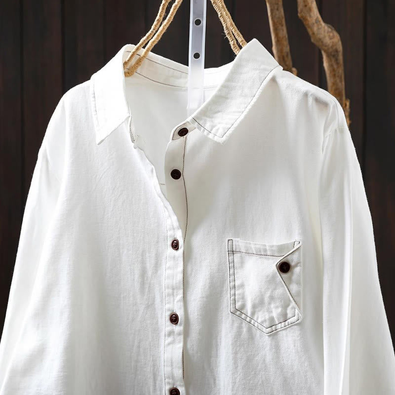 Camicia da donna in cotone a maniche lunghe con colletto rialzato, motivo Buddha Stones Fall Button Down Pocket Decor Design - image 3