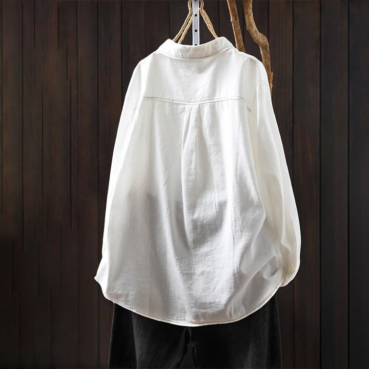 Camicia da donna in cotone a maniche lunghe con colletto rialzato, motivo Buddha Stones Fall Button Down Pocket Decor Design - image 2