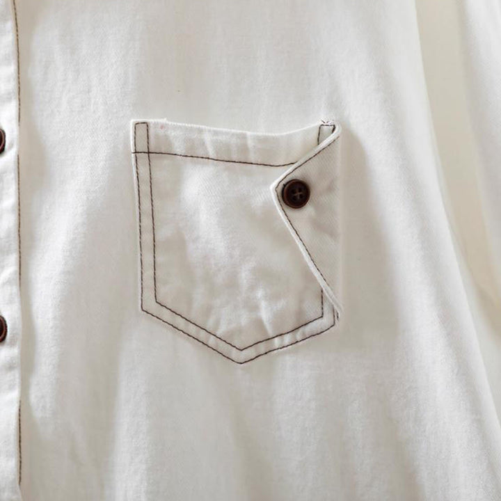 Camicia da donna in cotone a maniche lunghe con colletto rialzato, motivo Buddha Stones Fall Button Down Pocket Decor Design - image 6