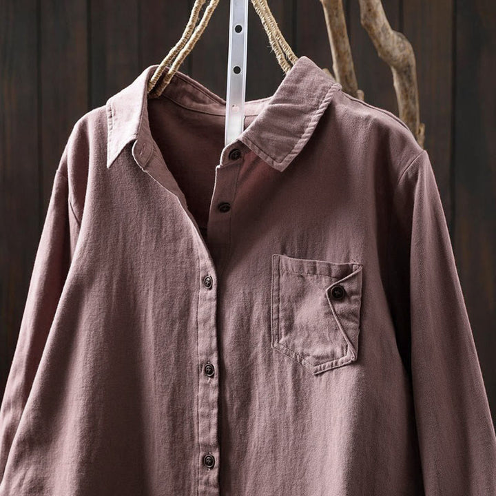 Camicia da donna in cotone a maniche lunghe con colletto rialzato, motivo Buddha Stones Fall Button Down Pocket Decor Design - image 17