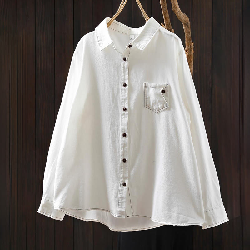 Camicia da donna in cotone a maniche lunghe con colletto rialzato, motivo Buddha Stones Fall Button Down Pocket Decor Design - image 1