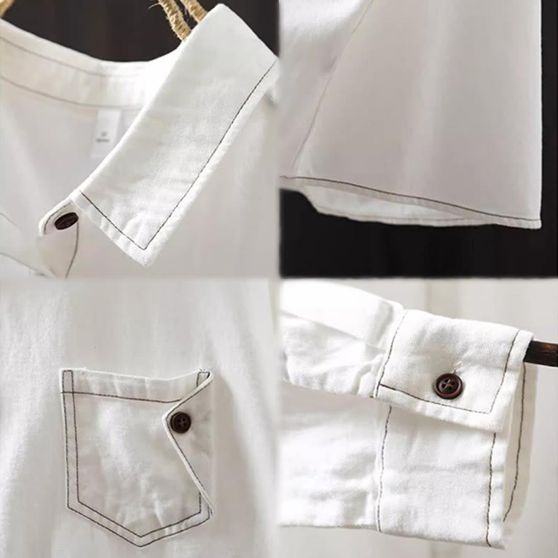 Camicia da donna in cotone a maniche lunghe con colletto rialzato, motivo Buddha Stones Fall Button Down Pocket Decor Design - image 12