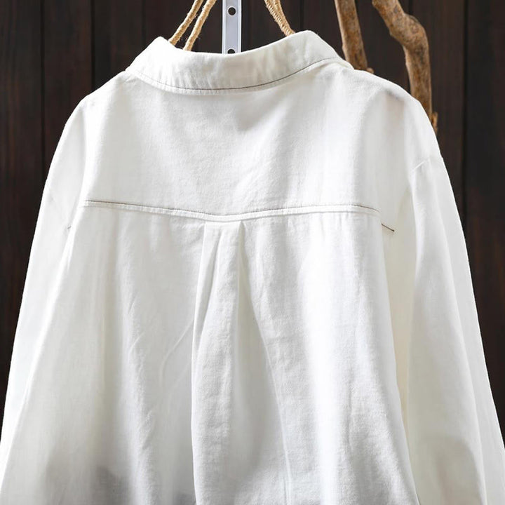 Camicia da donna in cotone a maniche lunghe con colletto rialzato, motivo Buddha Stones Fall Button Down Pocket Decor Design - image 4