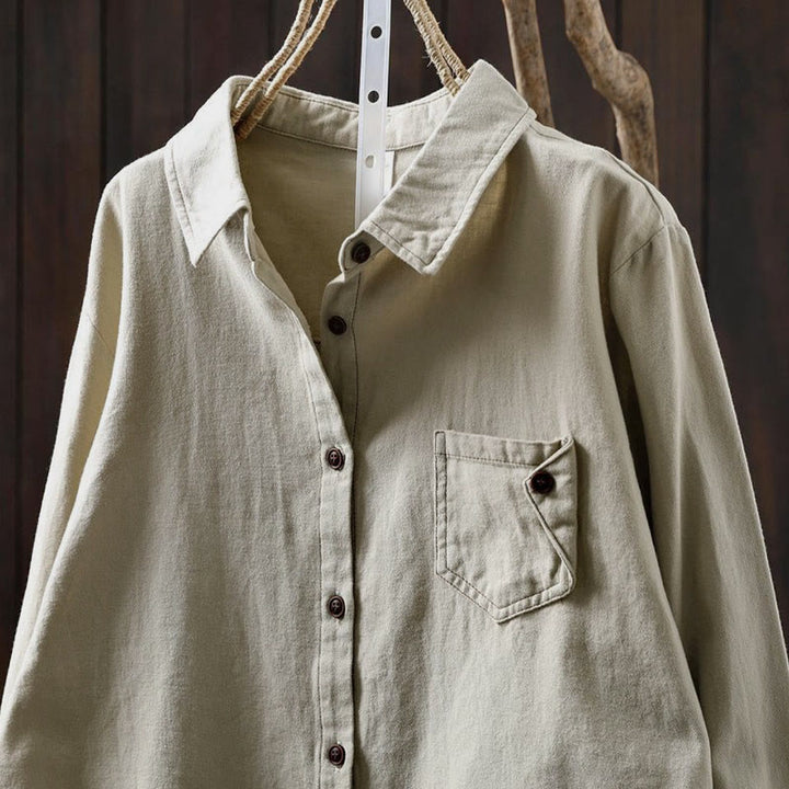 Camicia da donna in cotone a maniche lunghe con colletto rialzato, motivo Buddha Stones Fall Button Down Pocket Decor Design - image 15