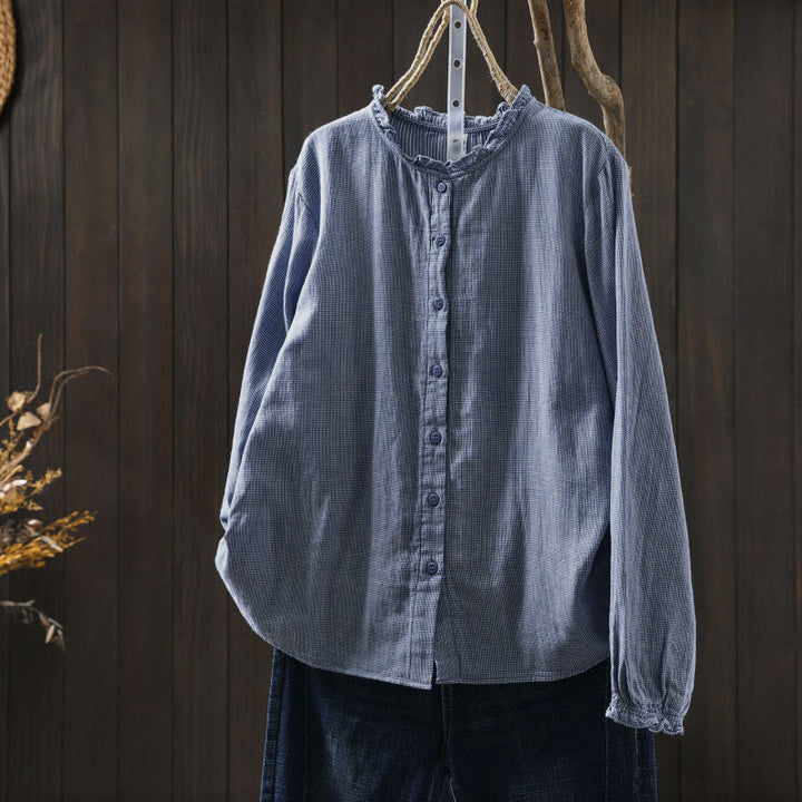 Camicia da donna in cotone a maniche lunghe con colletto a volant e piccoli bottoni a quadri Buddha Stones Fall - FiordalisoBlu - US6, UK/AU10, EU38 (L) - image 0