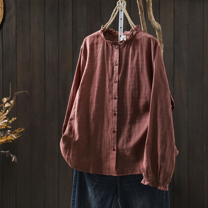 Camicia da donna in cotone a maniche lunghe con colletto a volant e piccoli bottoni a quadri Buddha Stones Fall - IndianRed - US6, UK/AU10, EU38 (L) - image 13