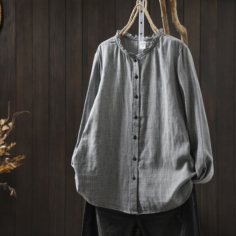 Camicia da donna in cotone a maniche lunghe con colletto a volant e piccoli bottoni a quadri Buddha Stones Fall - Grigio chiaro - US6, UK/AU10, EU38 (L) - image 15