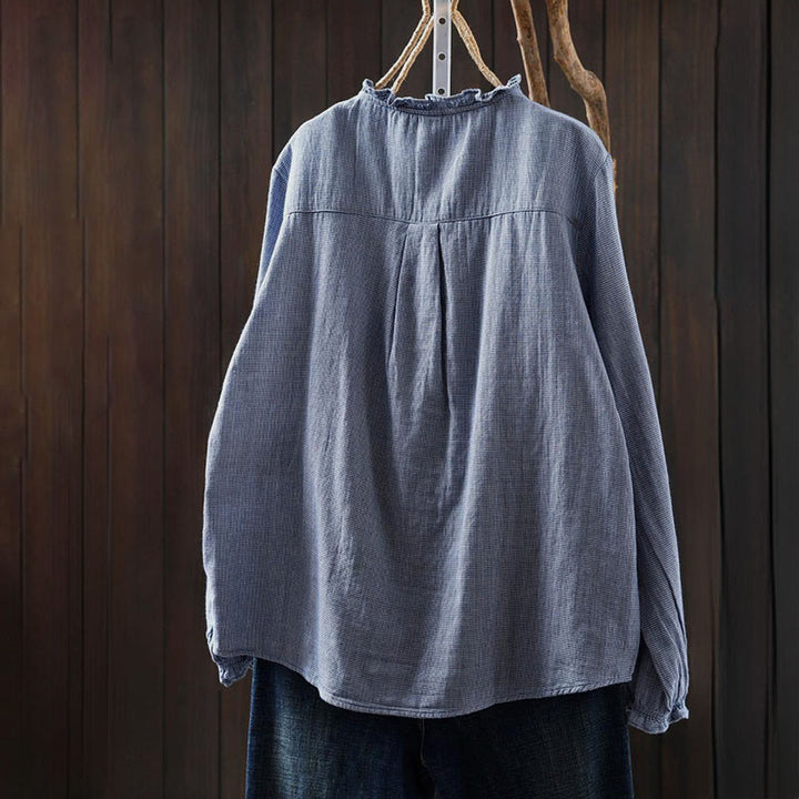 Camicia da donna in cotone a maniche lunghe con colletto a volant e piccoli bottoni a quadri Buddha Stones Fall - image 2