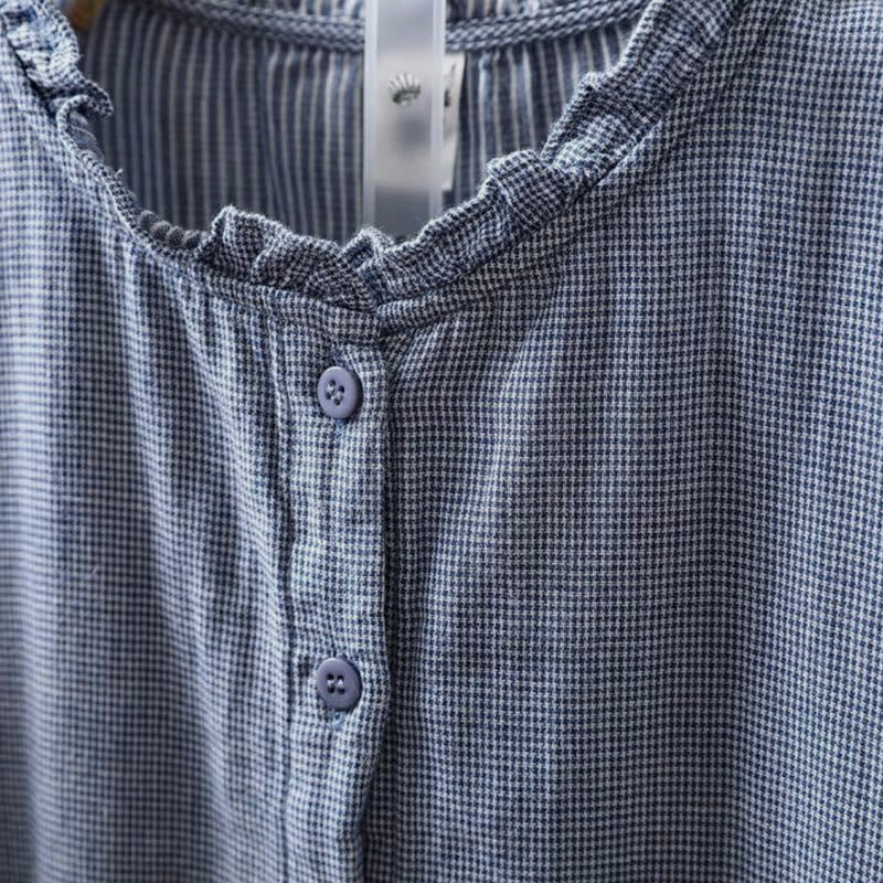 Camicia da donna in cotone a maniche lunghe con colletto a volant e piccoli bottoni a quadri Buddha Stones Fall - image 4