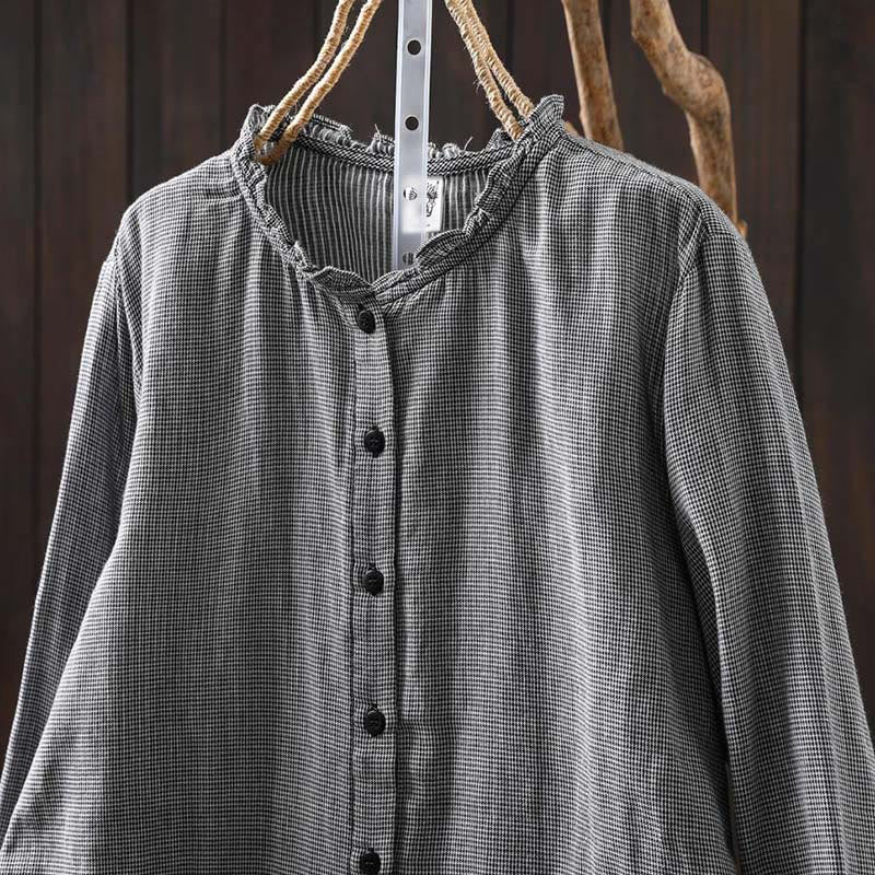 Camicia da donna in cotone a maniche lunghe con colletto a volant e piccoli bottoni a quadri Buddha Stones Fall - image 16