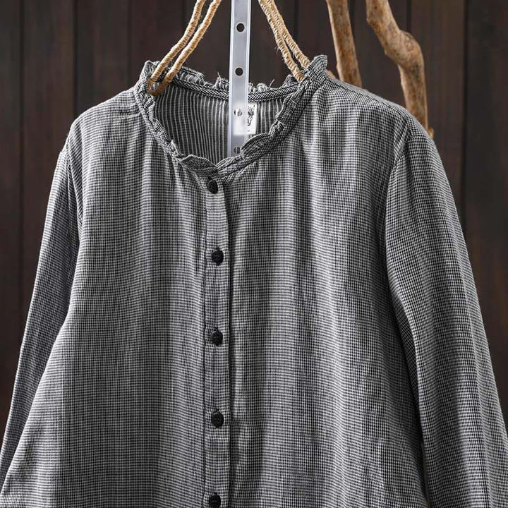 Camicia da donna in cotone a maniche lunghe con colletto a volant e piccoli bottoni a quadri Buddha Stones Fall - image 16