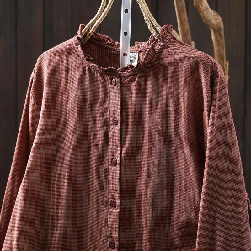 Camicia da donna in cotone a maniche lunghe con colletto a volant e piccoli bottoni a quadri Buddha Stones Fall - image 14