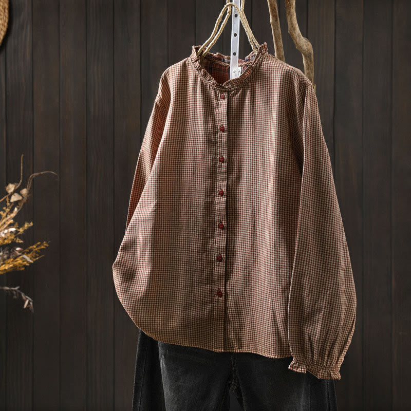 Camicia da donna in cotone a maniche lunghe con colletto a volant e bottoni a quadri piccoli Buddha Stones Fall - Salmone Scuro - US6, UK/AU10, EU38 (L) - image 0