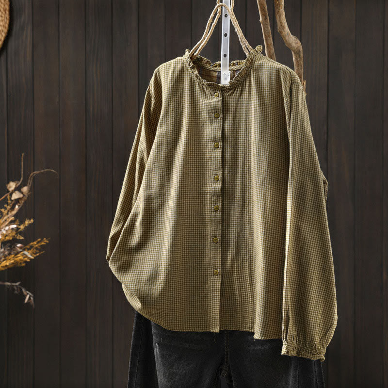 Camicia da donna in cotone a maniche lunghe con colletto a volant e bottoni a quadri piccoli Buddha Stones Fall - Cachi scuro - US6, UK/AU10, EU38 (L) - image 13