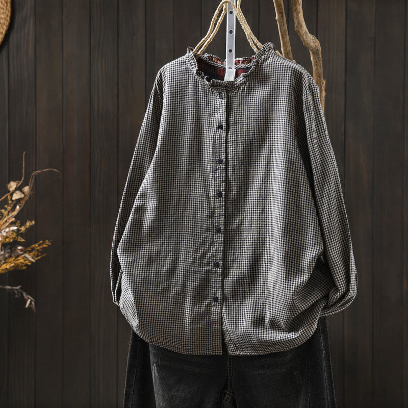 Camicia da donna in cotone a maniche lunghe con colletto a volant e bottoni a quadri piccoli Buddha Stones Fall - Grigio - US6, UK/AU10, EU38 (L) - image 15