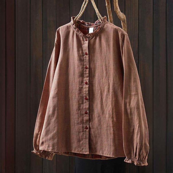 Camicia da donna in cotone a maniche lunghe con colletto a volant e bottoni a quadri piccoli Buddha Stones Fall - image 1
