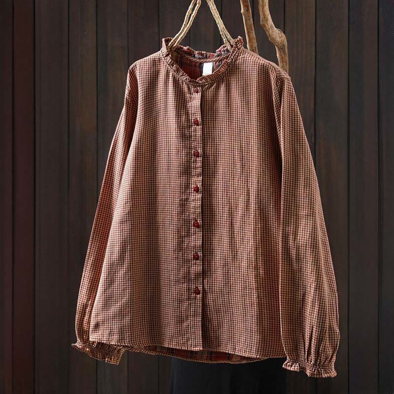 Camicia da donna in cotone a maniche lunghe con colletto a volant e bottoni a quadri piccoli Buddha Stones Fall - image 1