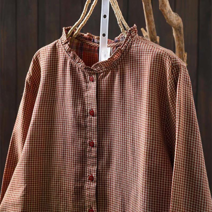Camicia da donna in cotone a maniche lunghe con colletto a volant e bottoni a quadri piccoli Buddha Stones Fall - image 3