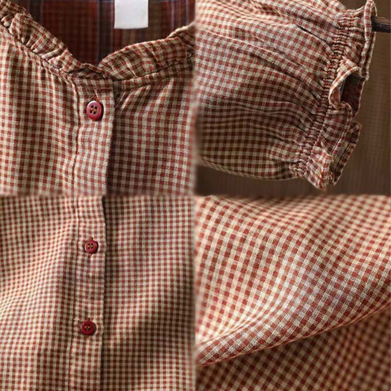 Camicia da donna in cotone a maniche lunghe con colletto a volant e bottoni a quadri piccoli Buddha Stones Fall - image 12