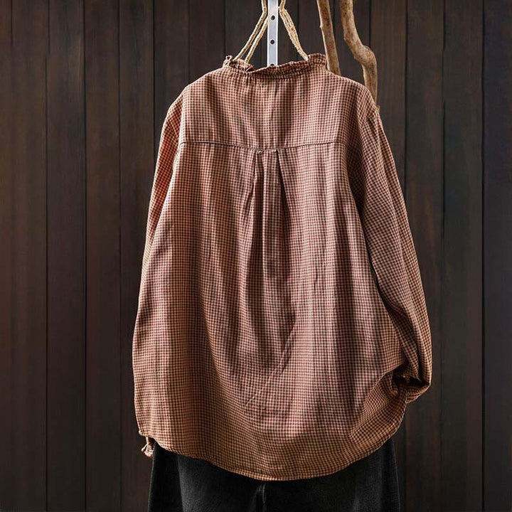 Camicia da donna in cotone a maniche lunghe con colletto a volant e bottoni a quadri piccoli Buddha Stones Fall - image 2