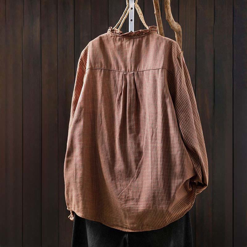 Camicia da donna in cotone a maniche lunghe con colletto a volant e bottoni a quadri piccoli Buddha Stones Fall - image 2