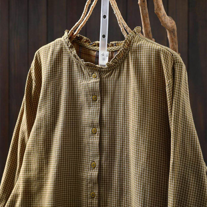 Camicia da donna in cotone a maniche lunghe con colletto a volant e bottoni a quadri piccoli Buddha Stones Fall - image 14