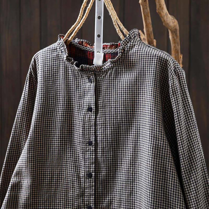 Camicia da donna in cotone a maniche lunghe con colletto a volant e bottoni a quadri piccoli Buddha Stones Fall - image 16