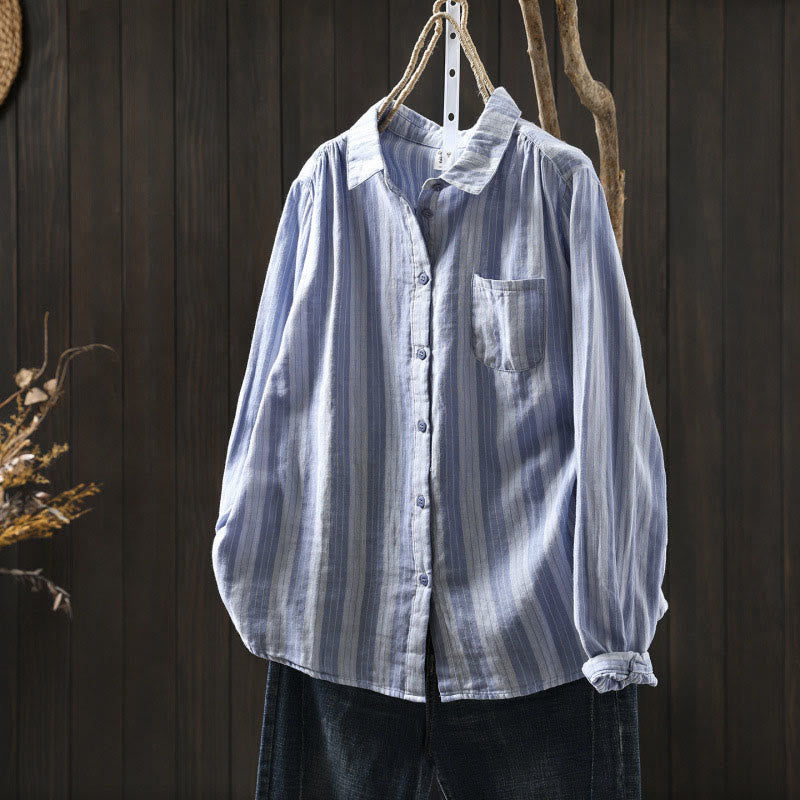 Camicia da donna in cotone a maniche lunghe con colletto rialzato e righe verticali autunnali Buddha Stones - AzzurroCielo Chiaro - US6, UK/AU10, EU38 (L) - image 0