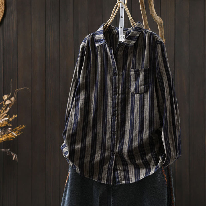 Camicia da donna in cotone a maniche lunghe con colletto rialzato e righe verticali autunnali Buddha Stones - Grigio ardesia chiaro - US6, UK/AU10, EU38 (L) - image 27