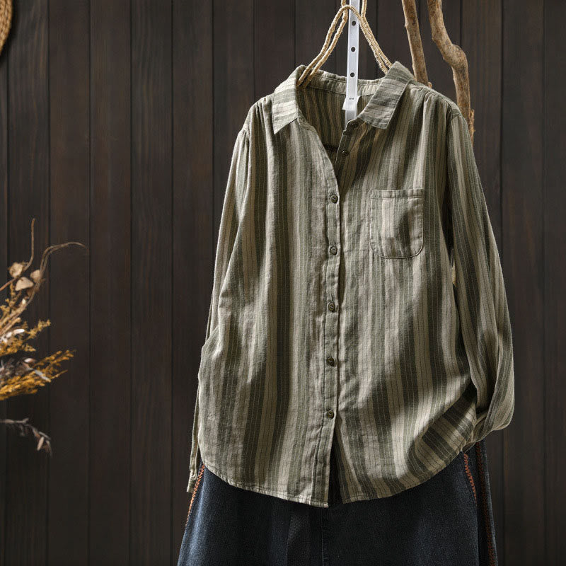 Camicia da donna in cotone a maniche lunghe con colletto rialzato e righe verticali autunnali Buddha Stones - DarkSeaGreen - US6, UK/AU10, EU38 (L) - image 25