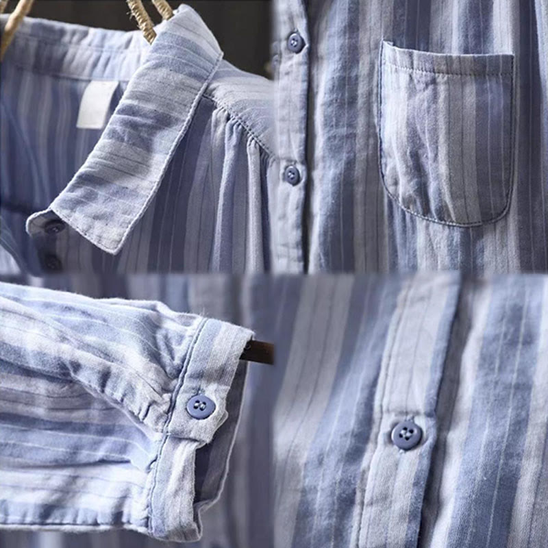 Camicia da donna in cotone a maniche lunghe con colletto rialzato e righe verticali autunnali Buddha Stones - image 12