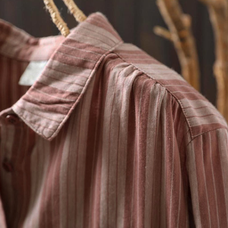 Camicia da donna in cotone a maniche lunghe con colletto rialzato e righe verticali autunnali Buddha Stones - image 17