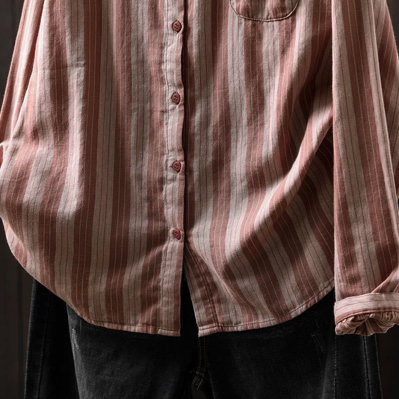 Camicia da donna in cotone a maniche lunghe con colletto rialzato e righe verticali autunnali Buddha Stones - image 21