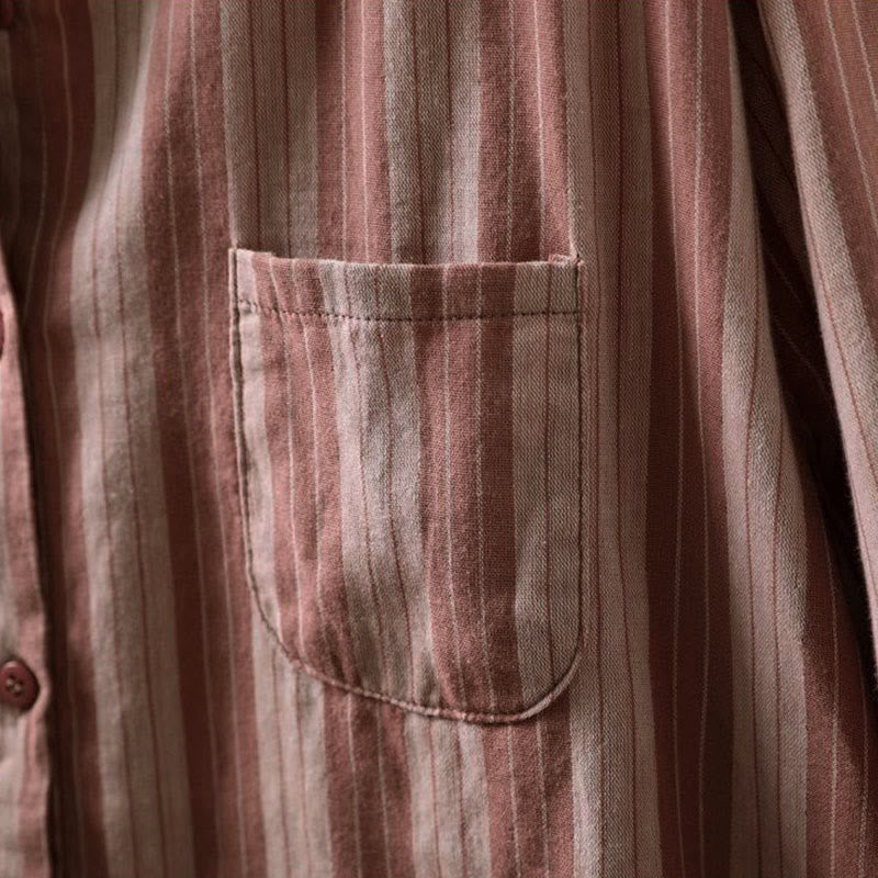 Camicia da donna in cotone a maniche lunghe con colletto rialzato e righe verticali autunnali Buddha Stones - image 16