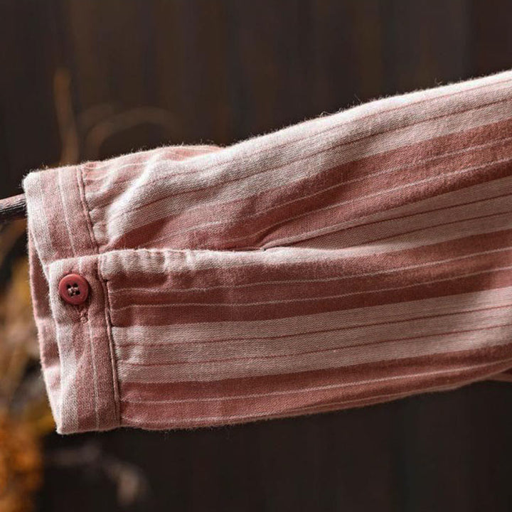 Camicia da donna in cotone a maniche lunghe con colletto rialzato e righe verticali autunnali Buddha Stones - image 22