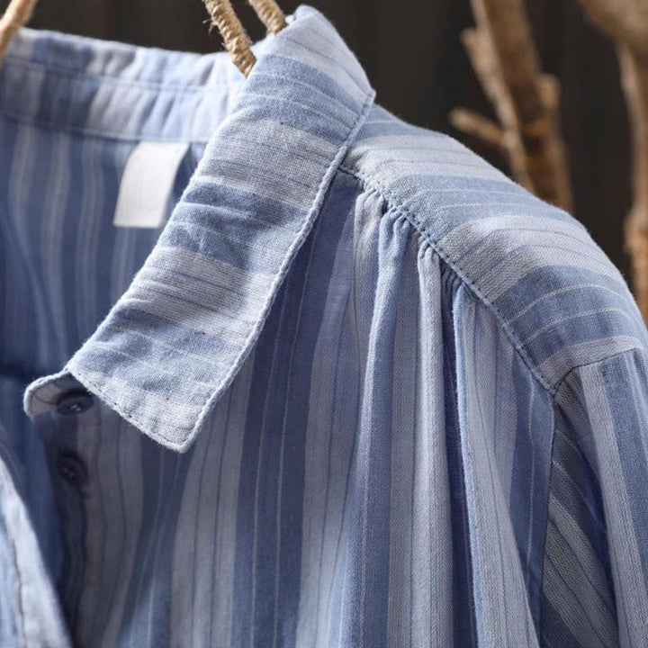 Camicia da donna in cotone a maniche lunghe con colletto rialzato e righe verticali autunnali Buddha Stones - image 3