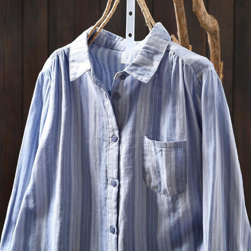 Camicia da donna in cotone a maniche lunghe con colletto rialzato e righe verticali autunnali Buddha Stones - image 2